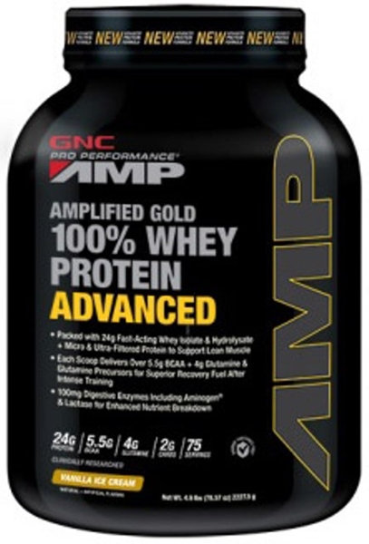 Picture of GNC Pro Performance Amp amplified Gold 100% Whey Protein Advanced - Vanilla Ice Cream/ Амр Амплифайд Голд 100 % Суроватъчен Протеин Адвансд– Вкусен и лесно разтворим суроватъчен протеин